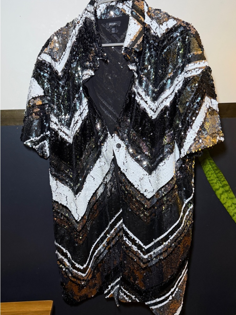 Sequin Chevron Shirt Dress Black, White & silver - Picture 2 of 9